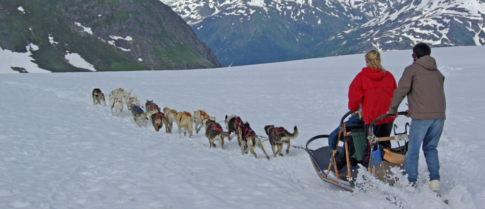 Enjoy mountain views as you ride on sled around the glacier. Enjoy mountain views as you ride on sled around the glacier.