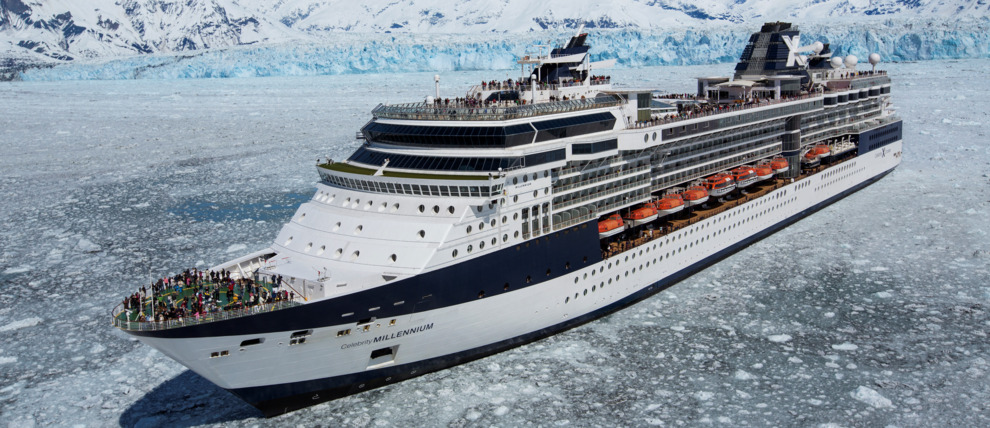  Cruises Millennium in front of a glacier in Alaska.