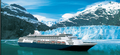 Holland America Maasdam in front of a glacier in Alaska.