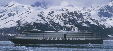 Holland America Oosterdam cruising among the icebergs in Alaska.