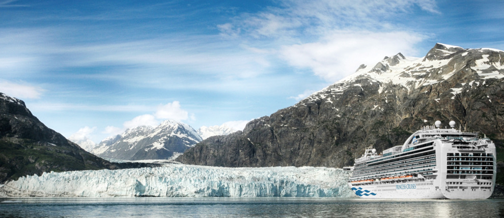 Princess Cruises ship sailing in Alaska at Glacier Bay National Park. 