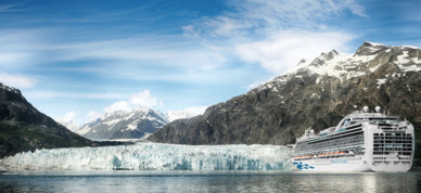 Princess Cruises ship sailing in Alaska at Glacier Bay National Park.