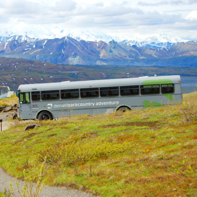 Tour bus near Eielson Visitor Center at Denali Park. 