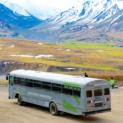 Tour bus making a photo stop on the Denali Park Road. 