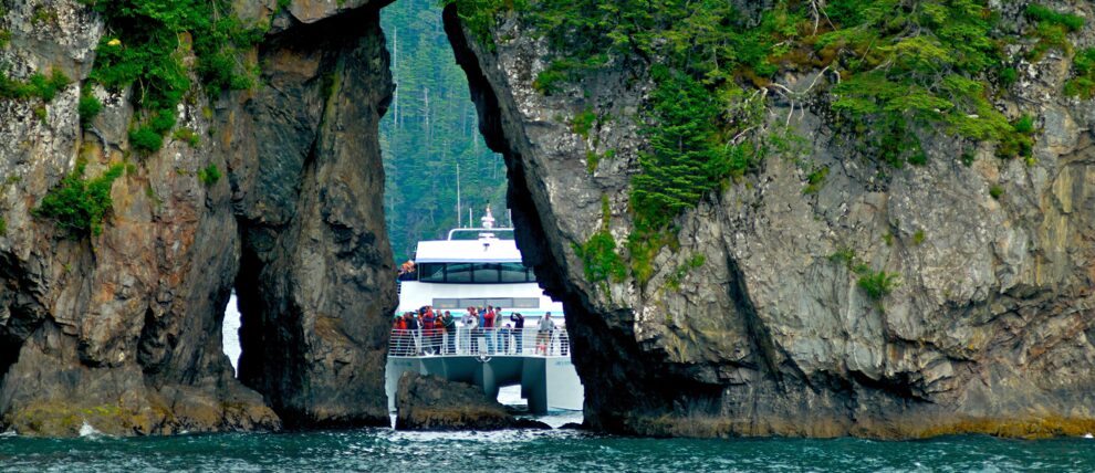 Cruising around rock formations in the Kenai Fjords.