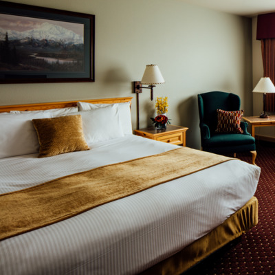 King bed room at the Talkeetna Alaska Lodge. 