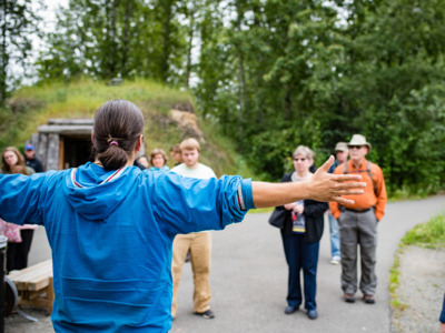 Native Heritage Center host speaking to guests. Native Heritage Center host speaking to guests.