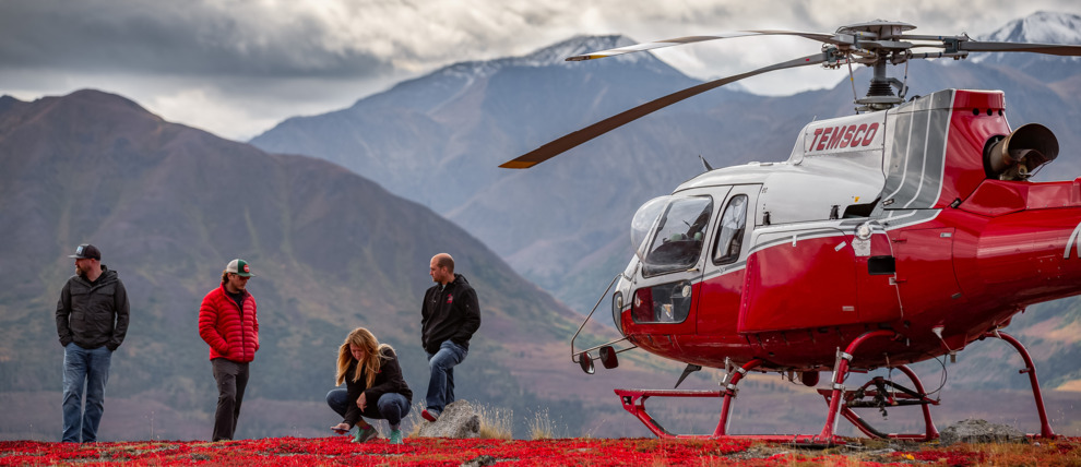 Helicopter landing on scenic ridge near Denali National Park.