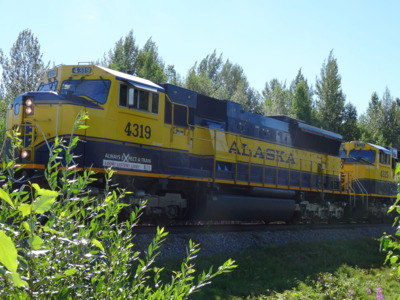 Closeup of an Alaska Railroad train engine.