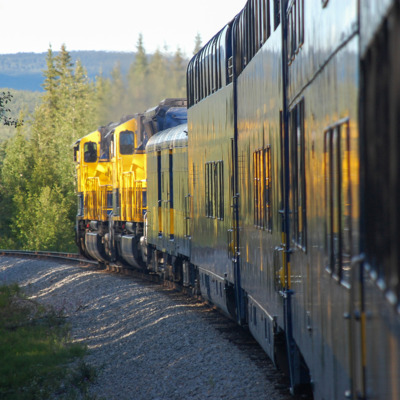 Turning a bend on the Alaska Railroad to Denali National Park.