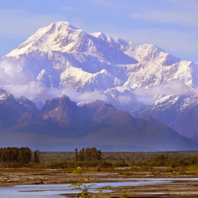 Spectacular Denali seen from aboard the Alaska Railroad.