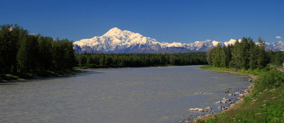 Shot of Denali from aboard the Alaska Railroad heading into the park. Shot of Denali from aboard the Alaska Railroad heading into the park.