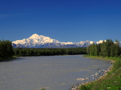 Shot of Denali from aboard the Alaska Railroad heading into the park.
