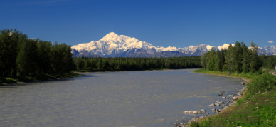 Shot of Denali from aboard the Alaska Railroad heading into the park.