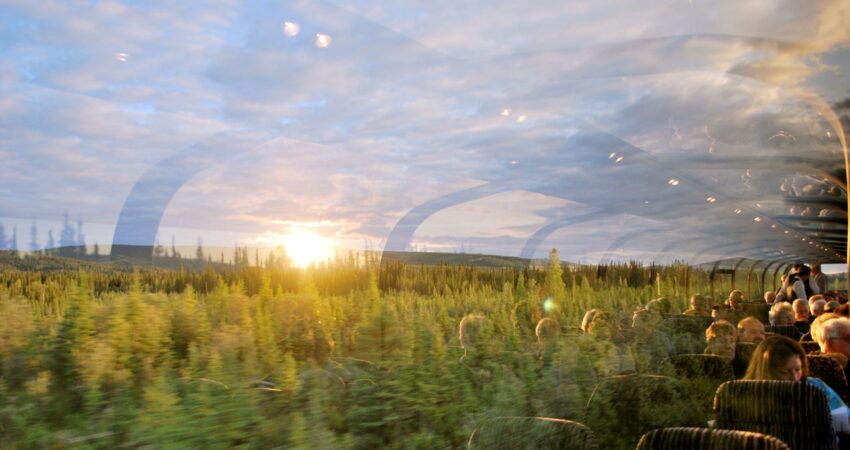 Railroad dome car passengers enjoying the sunset on their way to Fairbanks.