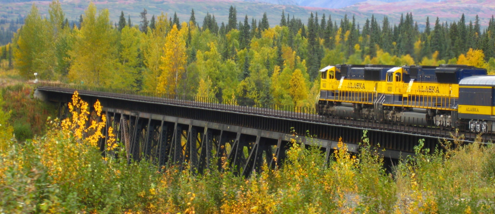 Alaska Railroad locomotives past Hurricane Gulch on the way to Denali National Park. 