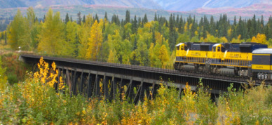 Alaska Railroad locomotives past Hurricane Gulch on the way to Denali National Park.