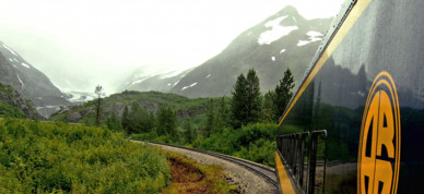 Alaska Railroad train turning the bend on a rainy afternoon.