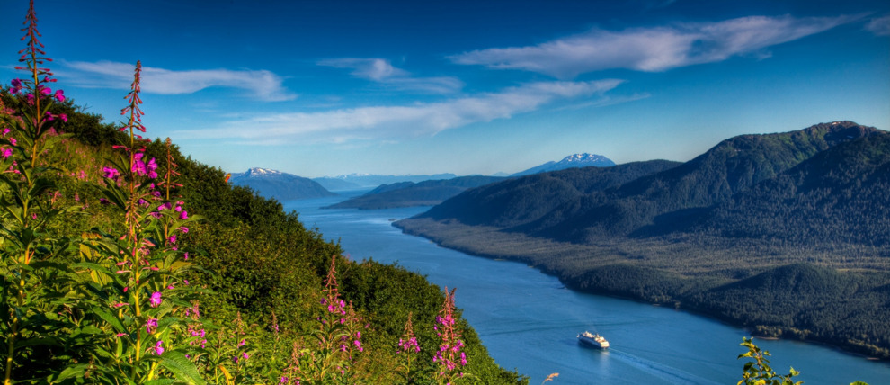 Shot of a cruise ship departing Juneau.