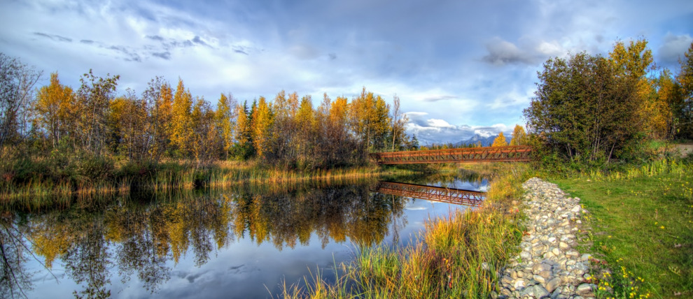 River bridge and fall colors in Mat-Su Valley near Palmer.