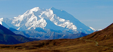 Bus heads up the Park Road under the shadow of Denali.