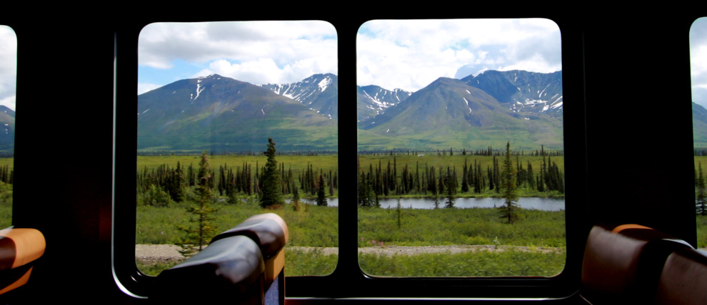 Panoramic window shot on the Alaska Railroad heading to Denali.
