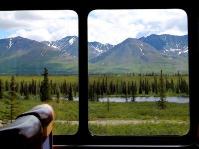 Panoramic window shot on the Alaska Railroad heading to Denali.