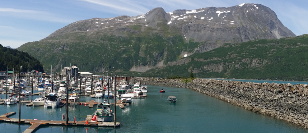 Panoramic view of the Whittier boat harbor on a sunny day.