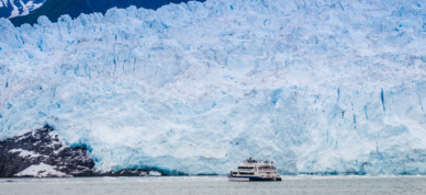 Ship dwarfed by a stunning glacier in Kenai Fjords National Park.