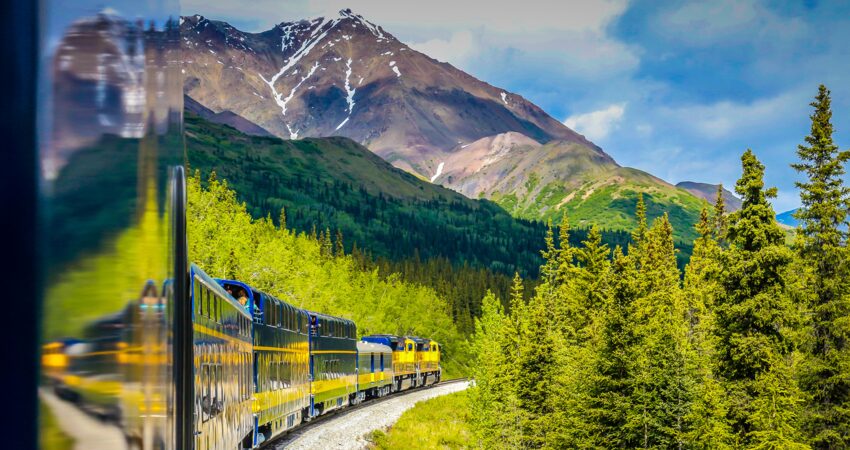 Bright summer day aboard the Alaska Railroad heading to Denali.