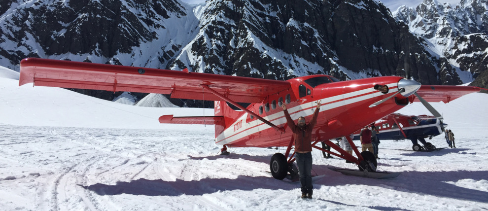 Posing in front of small plane after glacier landing flight out of Talkeetna, Alaska.