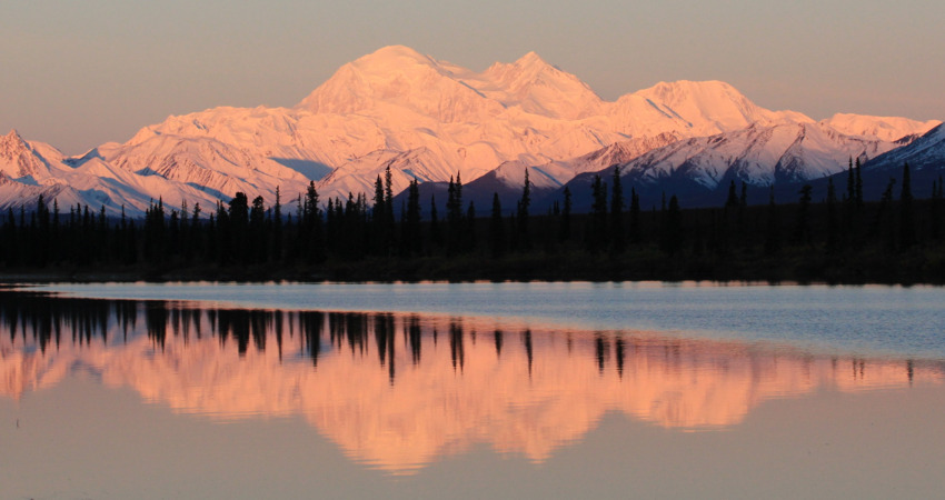 Reflective shot of Mt. Denali above Wonder Lake at sunset.