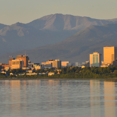 Skyline of Anchorage at sunset. Skyline of Anchorage at sunset.
