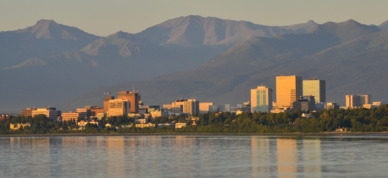 Skyline of Anchorage at sunset.