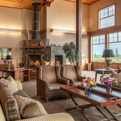 Comfortable lobby with fireplace.