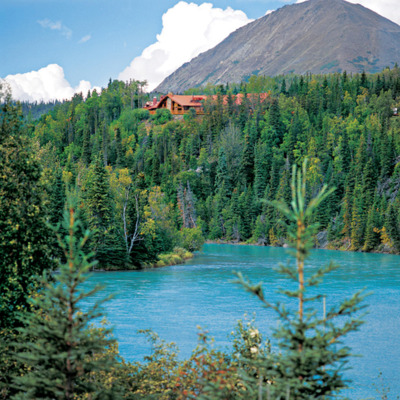 View of Kenai Princess Lodge from the Kenai River. 
