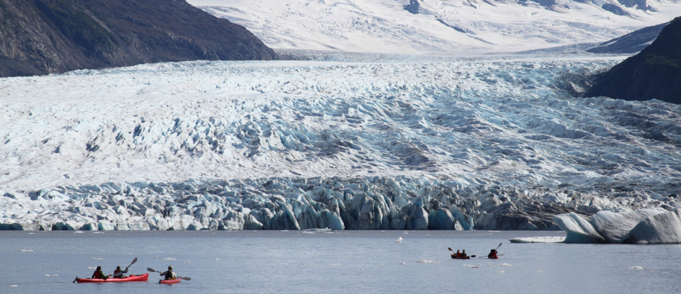 Aerial view of kayakers in front of Spencer Glacier. Aerial view of kayakers in front of Spencer Glacier.