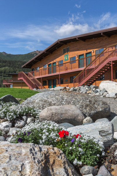 Exterior entrance to guest rooms at the Holland American Denali Lodge.