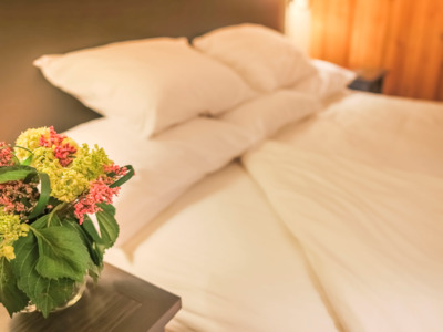 Standard room with king bed at Holland American Denali Lodge.