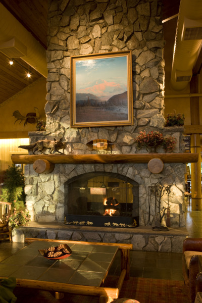 Warm fireplace in McKinley Princess Lodge lobby.