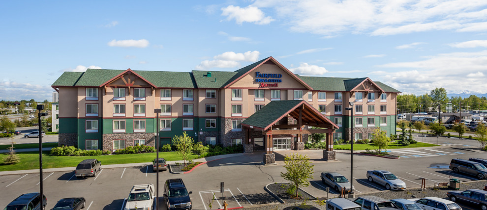 Aerial view of the Fairfield Inn and Suites in Anchorage. Aerial view of the Fairfield Inn and Suites in Anchorage.