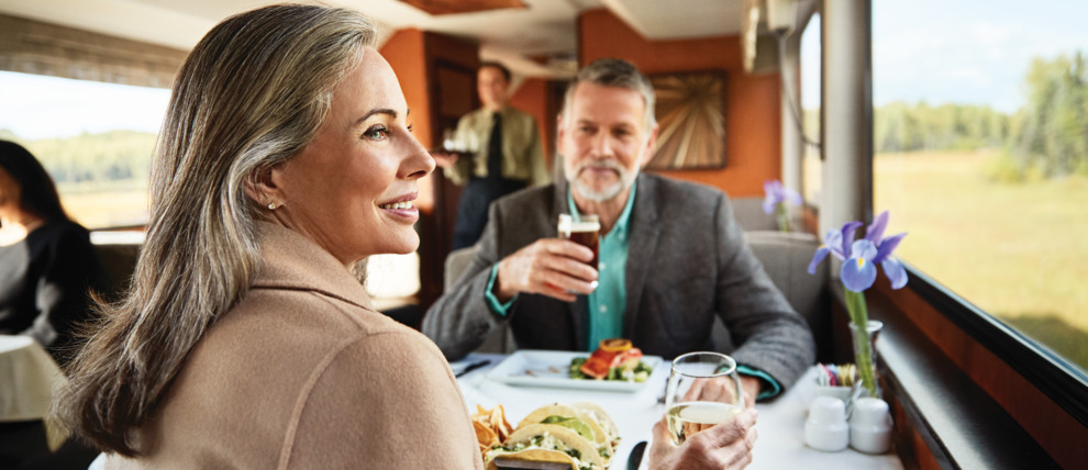 Gourmet meal service is available in the dining room.