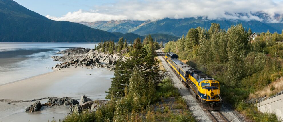 Alaska Railroad travelling along the Turnagain Arm.