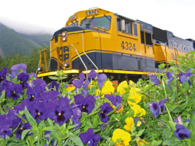 Alaska Railroad engine car leaving Anchorage.