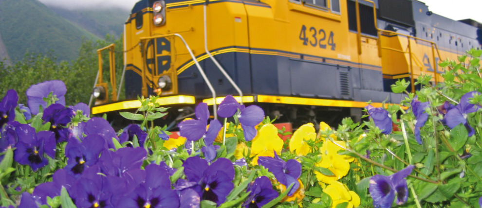 Alaska Railroad engine car leaving Anchorage.