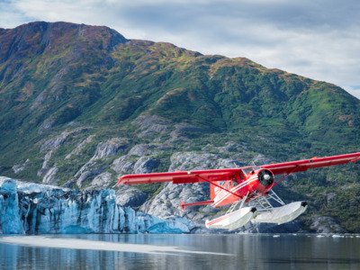 Your tour will include a float plane landing next to a glacier.