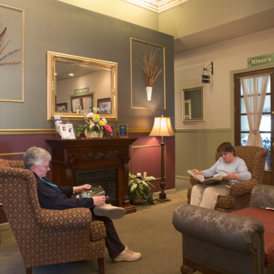 Relax or socialize in the River's Edge Resort lobby.