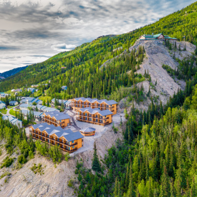 Aerial view of the Denali Bluffs and the Grande Denali above it.