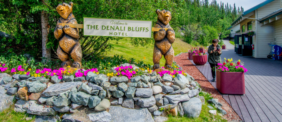 Welcoming sign at the Denali Bluffs Hotel. Welcoming sign at the Denali Bluffs Hotel.