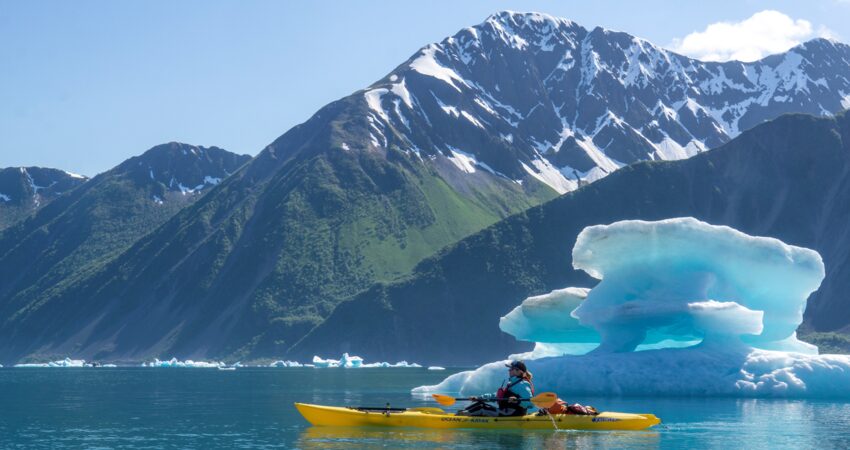 Kayaker among Bear Glacier icebergs.